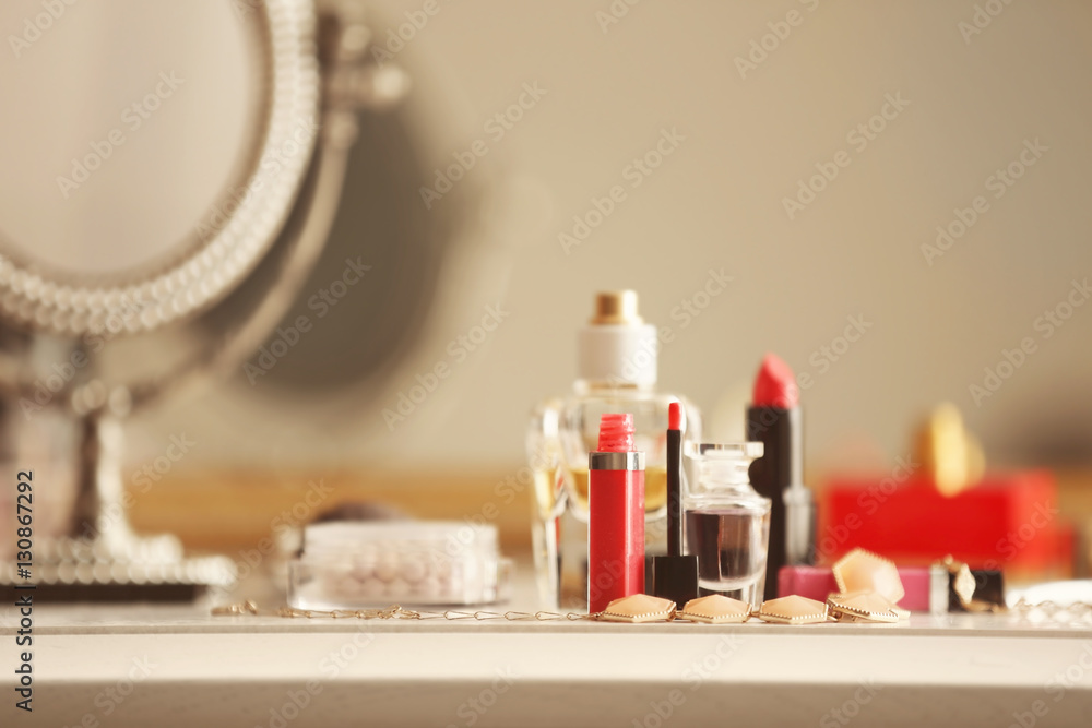 Cosmetics on dressing table, closeup
