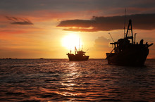 Silhouettes Of Anchored Fishing Boats