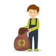 cartoon smiling boy standing in a half-turn and holding a trash bag with eco badge. vector illustration isolated on white background. . save the earth. eco background