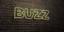 BUZZ -Realistic Neon Sign On Brick Wall Background - 3D Rendered Royalty Free Stock Image. Can Be Used For Online Banner Ads And Direct Mailers..