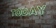 TODAY - Glowing Neon Sign on stonework wall - 3D rendered royalty free stock illustration.  Can be used for online banner ads and direct mailers..