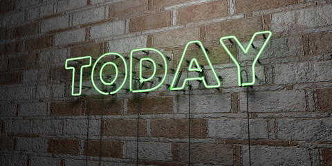 Wall Mural - TODAY - Glowing Neon Sign on stonework wall - 3D rendered royalty free stock illustration.  Can be used for online banner ads and direct mailers..