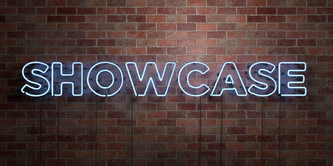 showcase - fluorescent neon tube sign on brickwork - front view - 3d rendered royalty free stock pic