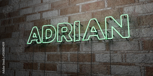 ADRIAN - Glowing Neon Sign on stonework wall - 3D rendered royalty free stock illustration плакат