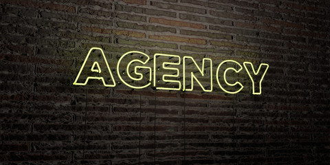 Wall Mural - AGENCY -Realistic Neon Sign on Brick Wall background - 3D rendered royalty free stock image. Can be used for online banner ads and direct mailers..