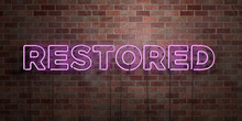 RESTORED - Fluorescent Neon Tube Sign On Brickwork - Front View - 3D Rendered Royalty Free Stock Picture. Can Be Used For Online Banner Ads And Direct Mailers..