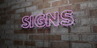 SIGNS - Glowing Neon Sign on stonework wall - 3D rendered royalty free stock illustration.  Can be used for online banner ads and direct mailers..
