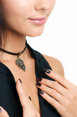 Wall Mural - Choker and jewelry on neck. Studio close-up shot isolated on whi