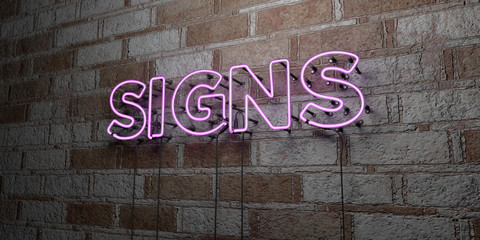 signs - glowing neon sign on stonework wall - 3d rendered royalty free stock illustration. can be us
