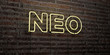 NEO -Realistic Neon Sign on Brick Wall background - 3D rendered royalty free stock image. Can be used for online banner ads and direct mailers..