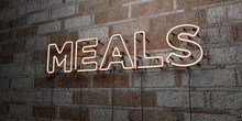 MEALS - Glowing Neon Sign On Stonework Wall - 3D Rendered Royalty Free Stock Illustration.  Can Be Used For Online Banner Ads And Direct Mailers..