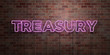TREASURY - fluorescent Neon tube Sign on brickwork - Front view - 3D rendered royalty free stock picture. Can be used for online banner ads and direct mailers..