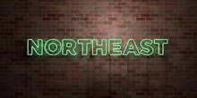 NORTHEAST - Fluorescent Neon Tube Sign On Brickwork - Front View - 3D Rendered Royalty Free Stock Picture. Can Be Used For Online Banner Ads And Direct Mailers..
