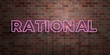 RATIONAL - fluorescent Neon tube Sign on brickwork - Front view - 3D rendered royalty free stock picture. Can be used for online banner ads and direct mailers..
