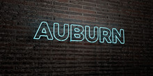 AUBURN -Realistic Neon Sign On Brick Wall Background - 3D Rendered Royalty Free Stock Image. Can Be Used For Online Banner Ads And Direct Mailers..