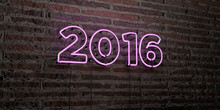 2016 -Realistic Neon Sign On Brick Wall Background - 3D Rendered Royalty Free Stock Image. Can Be Used For Online Banner Ads And Direct Mailers..