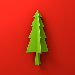 Aufkleber - Green christmas tree on red background for christmas decoration with shadow 3D rendering
