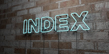 INDEX - Glowing Neon Sign On Stonework Wall - 3D Rendered Royalty Free Stock Illustration.  Can Be Used For Online Banner Ads And Direct Mailers..
