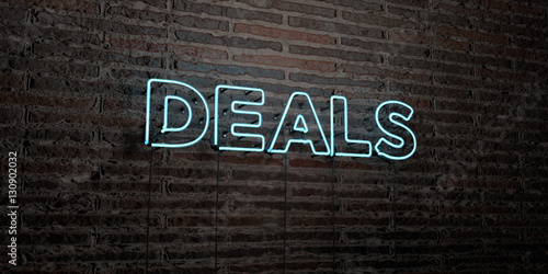 Fototapeta  DEALS -Realistic Neon Sign on Brick Wall background - 3D rendered royalty free stock image