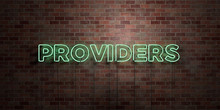 PROVIDERS - Fluorescent Neon Tube Sign On Brickwork - Front View - 3D Rendered Royalty Free Stock Picture. Can Be Used For Online Banner Ads And Direct Mailers..