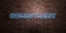 COMMITMENT - fluorescent Neon tube Sign on brickwork - Front view - 3D rendered royalty free stock picture. Can be used for online banner ads and direct mailers..