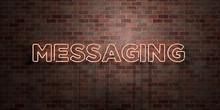 MESSAGING - Fluorescent Neon Tube Sign On Brickwork - Front View - 3D Rendered Royalty Free Stock Picture. Can Be Used For Online Banner Ads And Direct Mailers..