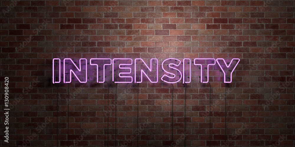 INTENSITY - fluorescent Neon tube Sign on brickwork - Front view - 3D rendered royalty free stock picture. Can be used for online banner ads and direct mailers.. - obrazy, fototapety, plakaty 