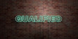 QUALIFIED - fluorescent Neon tube Sign on brickwork - Front view - 3D rendered royalty free stock picture. Can be used for online banner ads and direct mailers..
