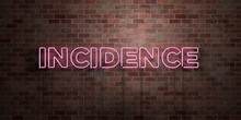 INCIDENCE - Fluorescent Neon Tube Sign On Brickwork - Front View - 3D Rendered Royalty Free Stock Picture. Can Be Used For Online Banner Ads And Direct Mailers..