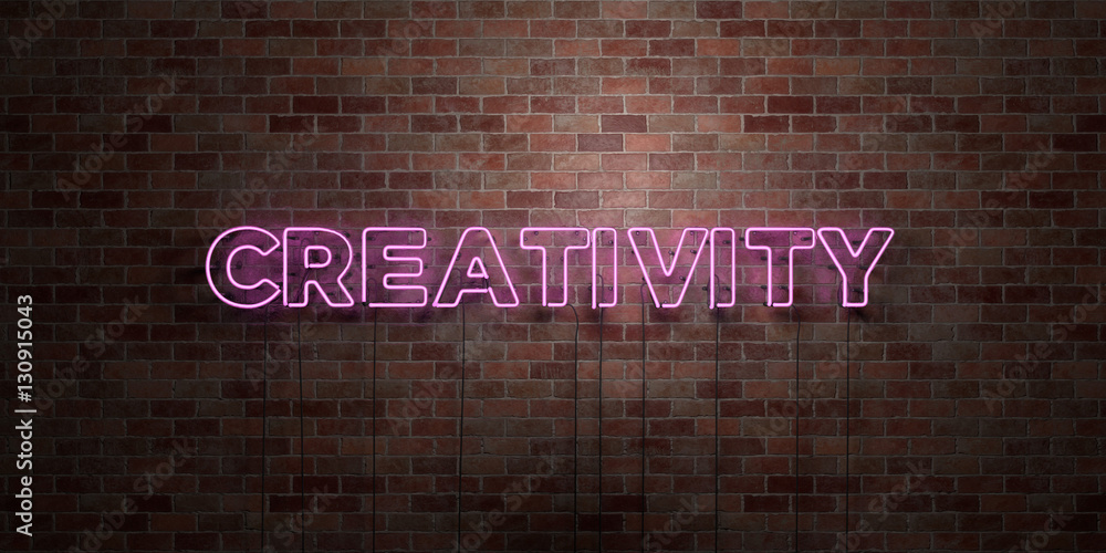 CREATIVITY - fluorescent Neon tube Sign on brickwork - Front view - 3D rendered royalty free stock picture. Can be used for online banner ads and direct mailers.. - obrazy, fototapety, plakaty 