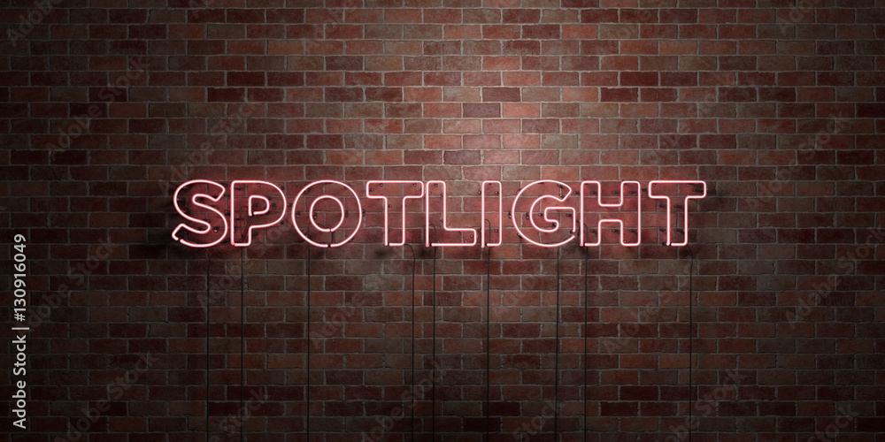 SPOTLIGHT - fluorescent Neon tube Sign on brickwork - Front view - 3D rendered royalty free stock picture. Can be used for online banner ads and direct mailers.. - obrazy, fototapety, plakaty 