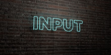 INPUT -Realistic Neon Sign On Brick Wall Background - 3D Rendered Royalty Free Stock Image. Can Be Used For Online Banner Ads And Direct Mailers..