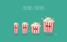 Funny Popcorn In The Box. Vector Cartoon. Movies, Cinema. Vector Cartoon. Fast Food. Friends Forever.