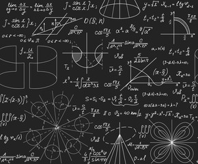 Scientific vector seamless pattern with handwritten math and physical formulas, figures, plots, problem solutions and calculations, chalk on grey board effect