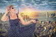 © michelaubryphoto - New York city skyline with sunrise in background. Pin up girl in first plan.