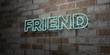 © Chris Titze Imaging - FRIEND - Glowing Neon Sign on stonework wall - 3D rendered royalty free stock illustration.  Can be used for online banner ads and direct mailers..
