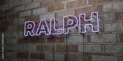 Fotomural RALPH - Glowing Neon Sign on stonework wall - 3D rendered royalty free stock illustration