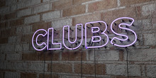 CLUBS - Glowing Neon Sign On Stonework Wall - 3D Rendered Royalty Free Stock Illustration.  Can Be Used For Online Banner Ads And Direct Mailers..