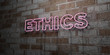 ETHICS - Glowing Neon Sign on stonework wall - 3D rendered royalty free stock illustration.  Can be used for online banner ads and direct mailers..