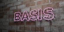 BASIS - Glowing Neon Sign On Stonework Wall - 3D Rendered Royalty Free Stock Illustration.  Can Be Used For Online Banner Ads And Direct Mailers..