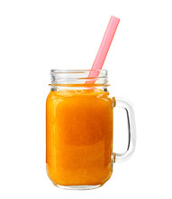 Glass Jar Of Fresh Delicious Smoothie With Straw On White Background, Closeup