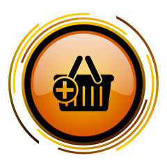 Poster - Shopping basket sign vector icon. Modern design round orange button isolated on white square background for web and application designers in eps10. 