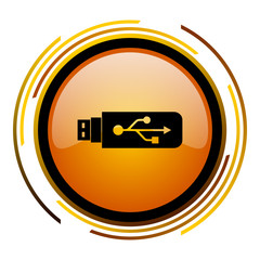 Poster - Pen usb drive sign vector icon. Modern design round orange button isolated on white square background for web and application designers in eps10.