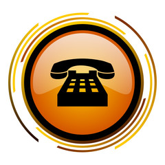 Poster - Telephone sign vector icon. Modern design round orange button isolated on white square background for web and application designers in eps10.