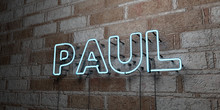 PAUL - Glowing Neon Sign On Stonework Wall - 3D Rendered Royalty Free Stock Illustration.  Can Be Used For Online Banner Ads And Direct Mailers..