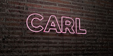 CARL -Realistic Neon Sign On Brick Wall Background - 3D Rendered Royalty Free Stock Image. Can Be Used For Online Banner Ads And Direct Mailers..