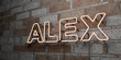ALEX - Glowing Neon Sign on stonework wall - 3D rendered royalty free stock illustration.  Can be used for online banner ads and direct mailers..