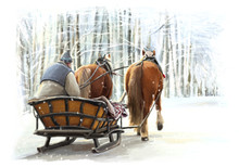 Christmas Winter Happy Scene With Frame - Man In The Sleigh With Two Horses - Illustration For Children