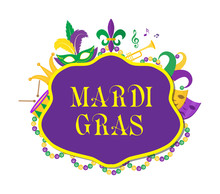 Mardi Gras Poster With Mask, Beads, Trumpet, Drum, Fleur De Lis, Jester Hat, Masks, Comedy And Drama. Mardi Gras Carnival Template, Flyer, Invitation. Fat Tuesday Background Vector Illustration