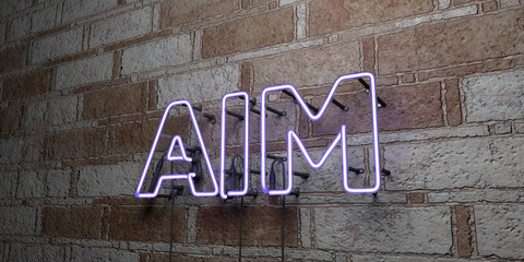 AIM - Glowing Neon Sign on stonework wall - 3D rendered royalty free stock illustration.  Can be used for online banner ads and direct mailers..